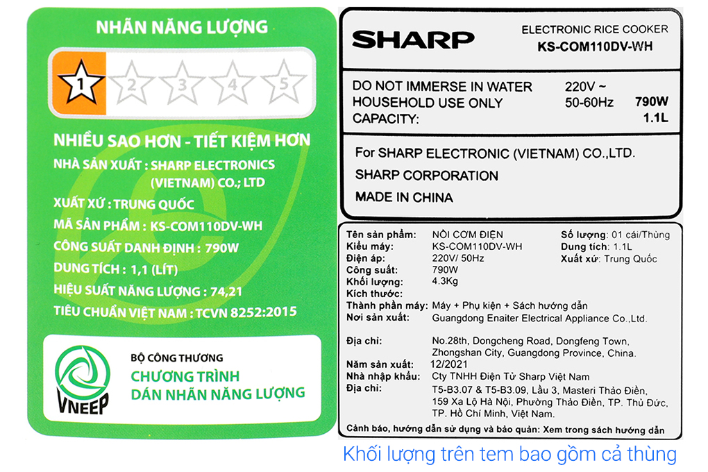 Nồi cơm điện tử Sharp KS-COM110DV-WH 1.1 lít