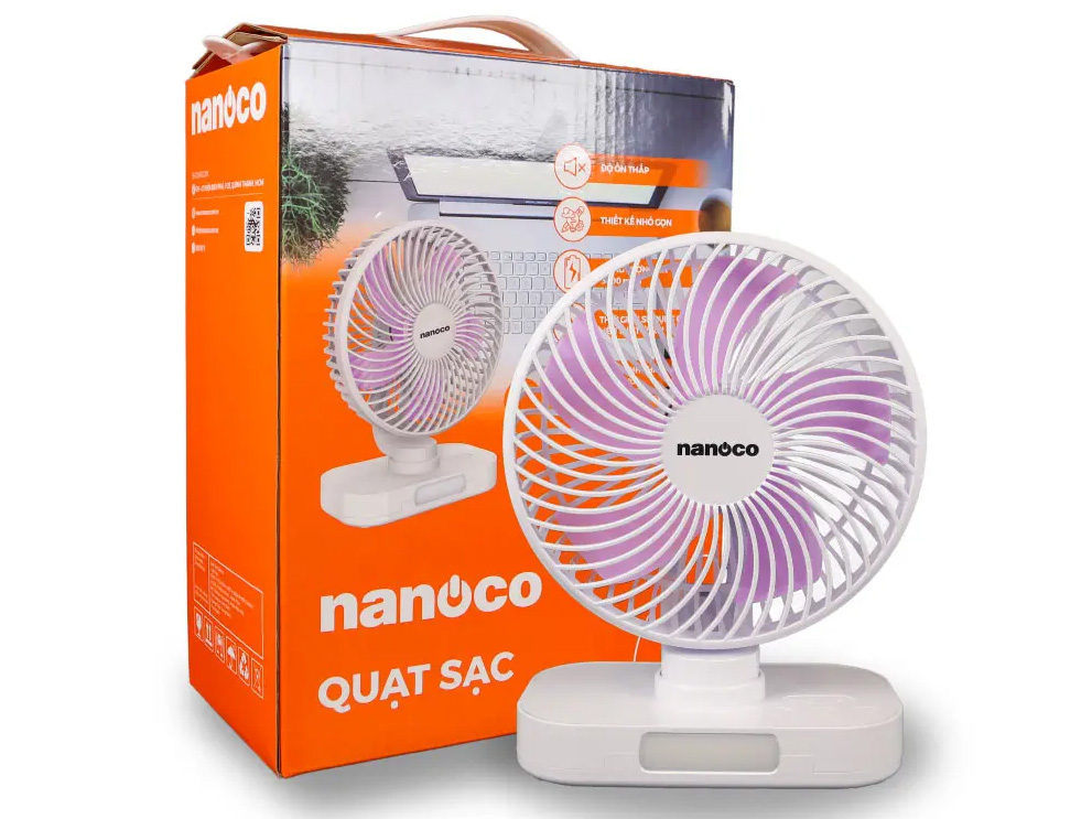Quạt sạc Nanoco NRF6219W (15cm, 6W, có xoay, đèn)