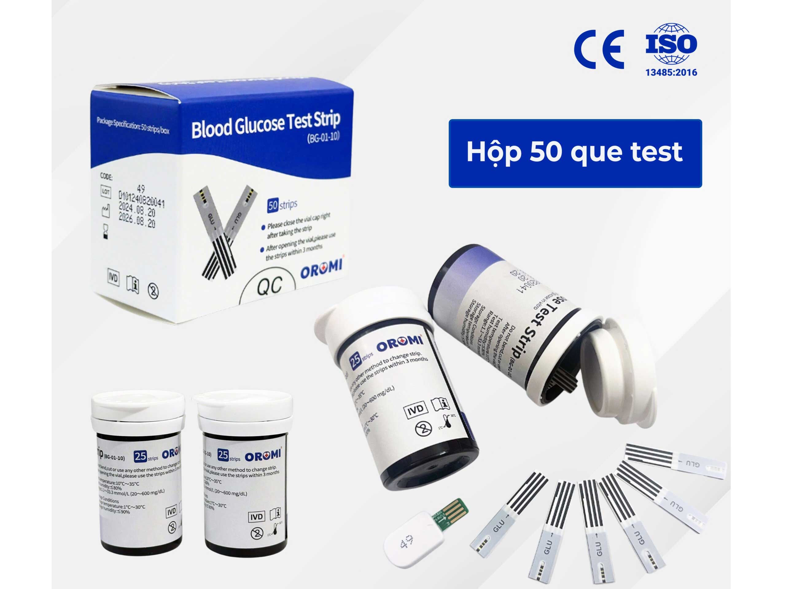 Trọn bộ máy đo đường huyết Oromi CMS10A (50 que, 50 kim)