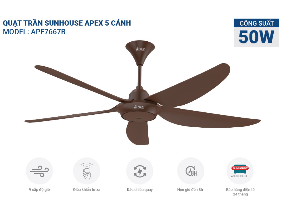 Quạt trần 5 cánh Sunhouse APEX APF7667B