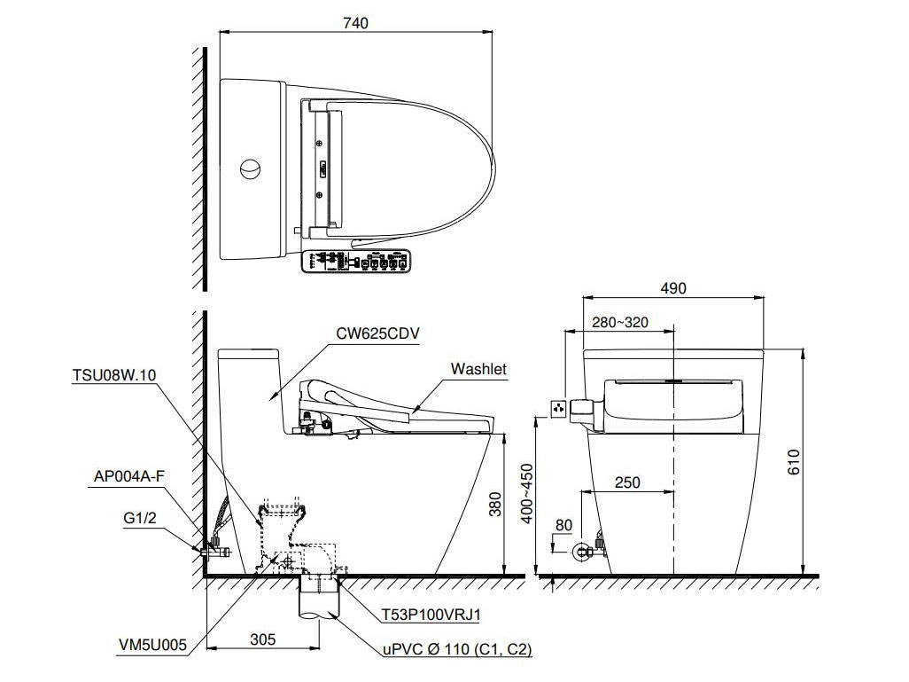 Bồn cầu điện tử Toto MS625CDW15 Washlet TCF24460AAA C5 giấu dây