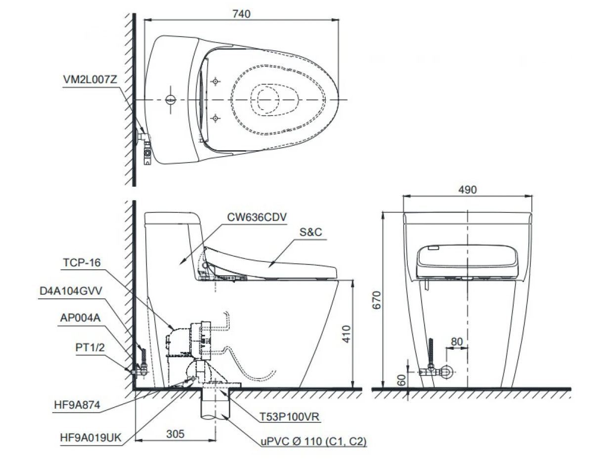 Bồn cầu Toto MS636DT2 1 khối nắp TC393VS