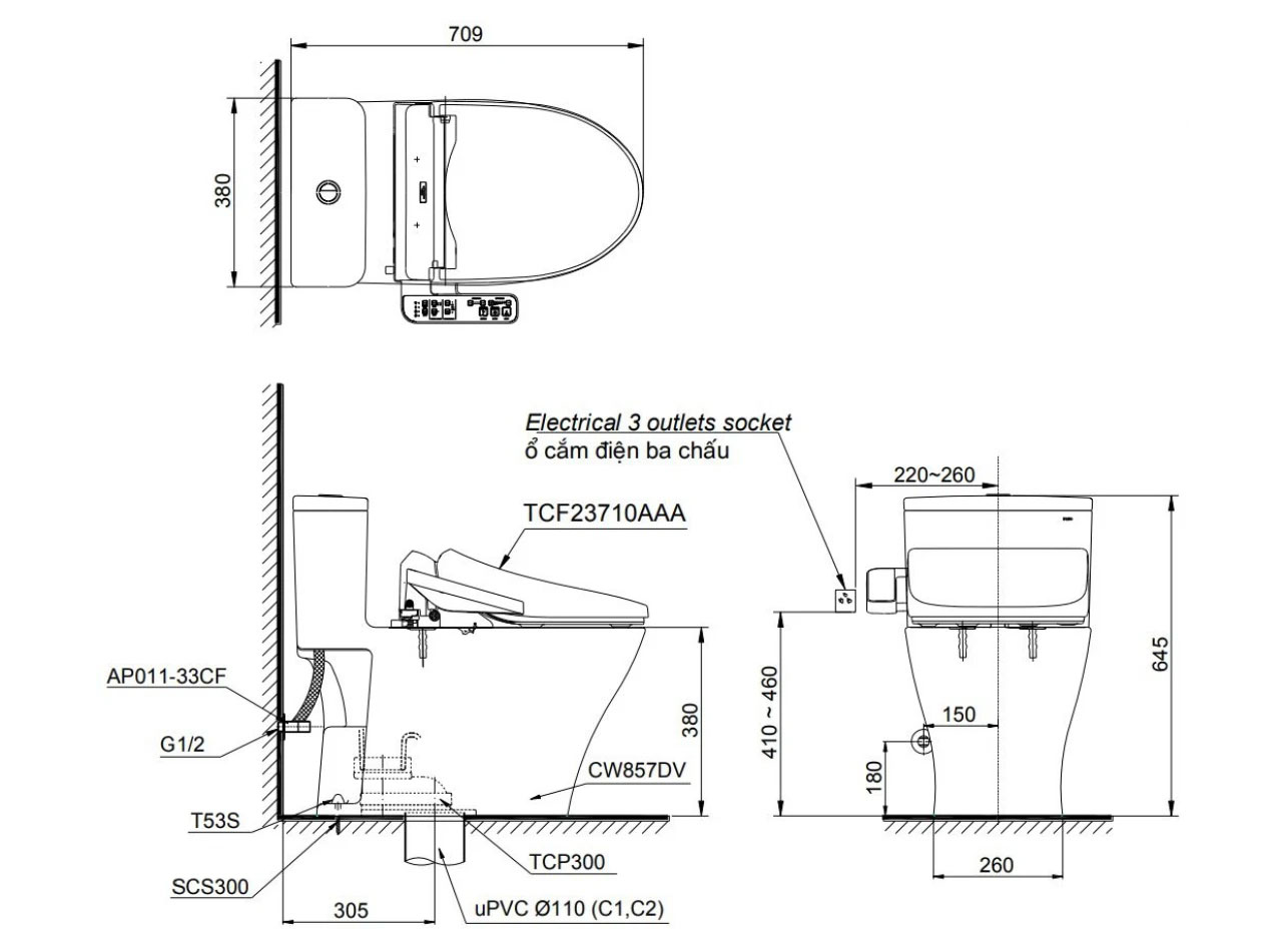 Bồn cầu điện tử Toto MS857DW18 nắp rửa Washlet TCF23710AAA C2