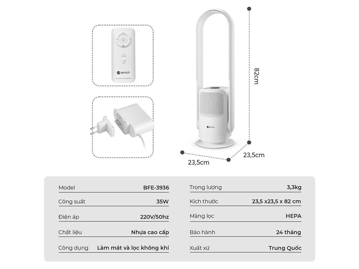 Quạt không cánh kết hợp lọc không khí Elmich BFE-3936