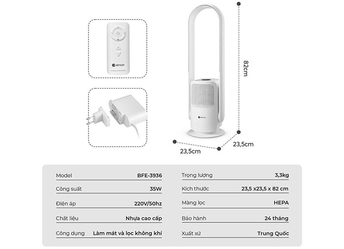 Quạt không cánh kết hợp lọc không khí Elmich BFE-3936