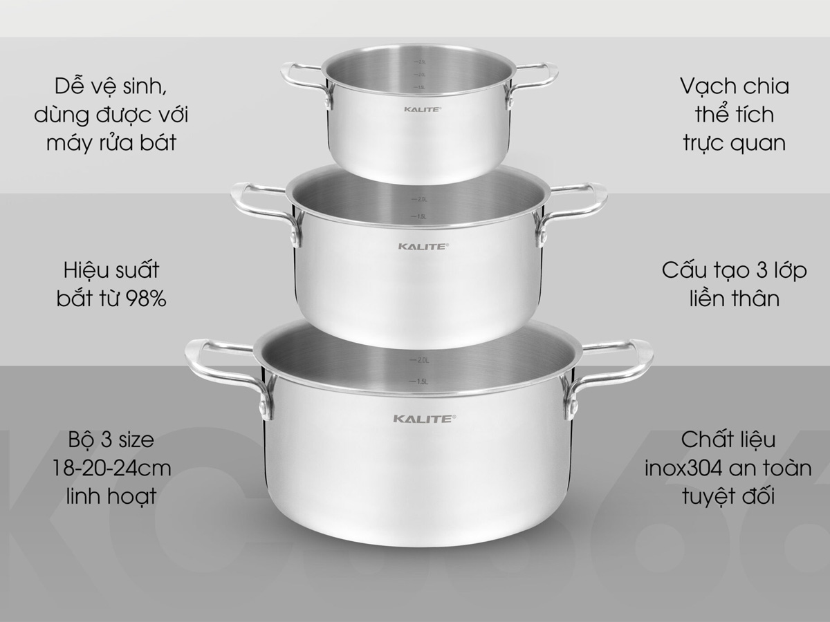 Bộ 3 nồi inox liền khối Kalite KCS366