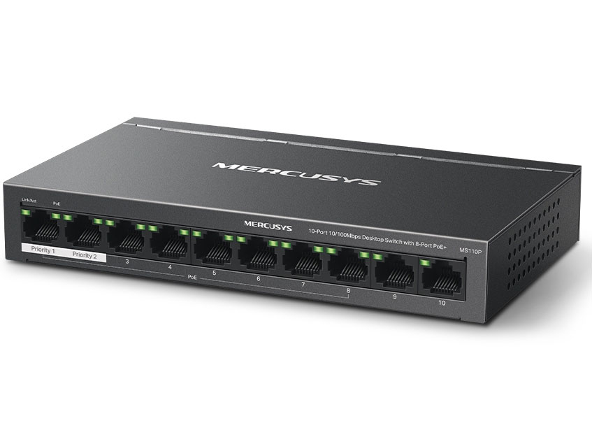 Switch chia mạng Mercusys MS110P (10 cổng 10/100Mbps với 8 cổng PoE+, vỏ kim loại)
