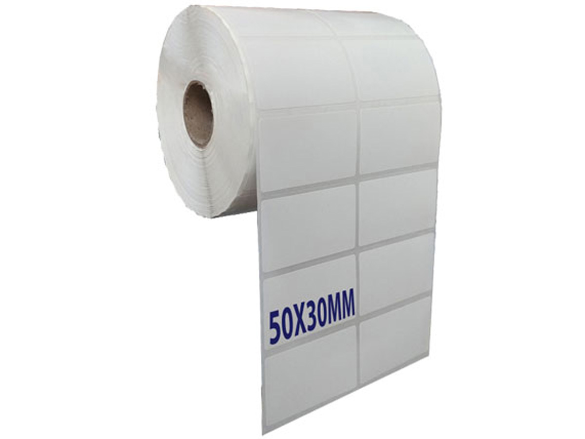 Giấy decal nhiệt in tem nhãn khổ 50x30mm, 2 tem/hàng, cuộn 50m
