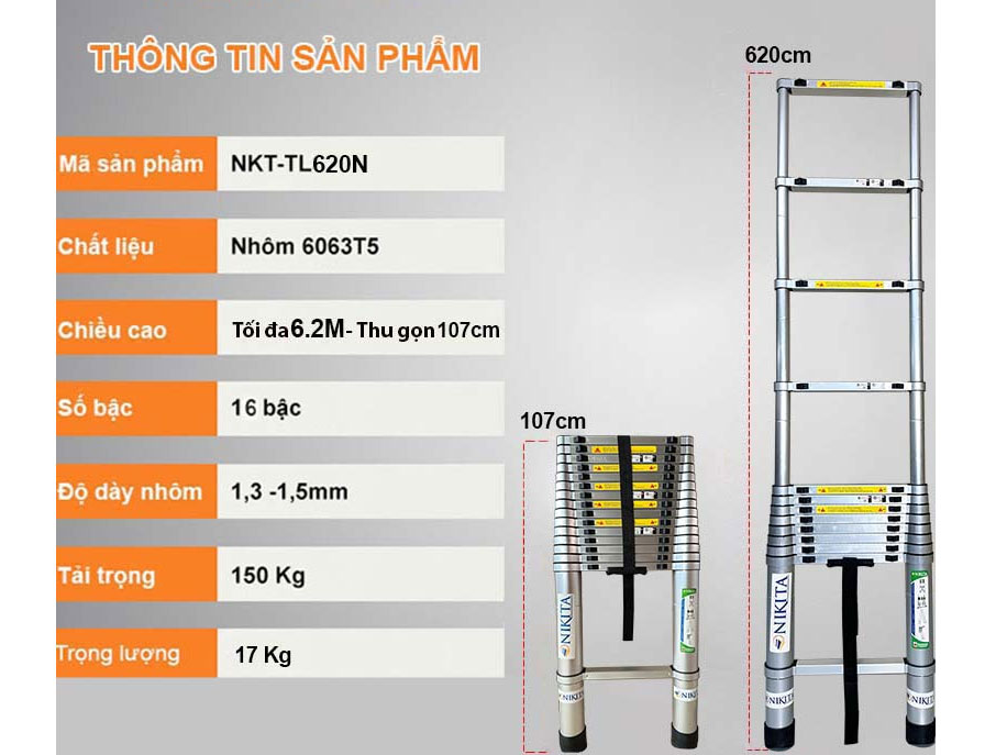 Thang rút đai nhôm Nikita NKT-VIP620 (R62N)