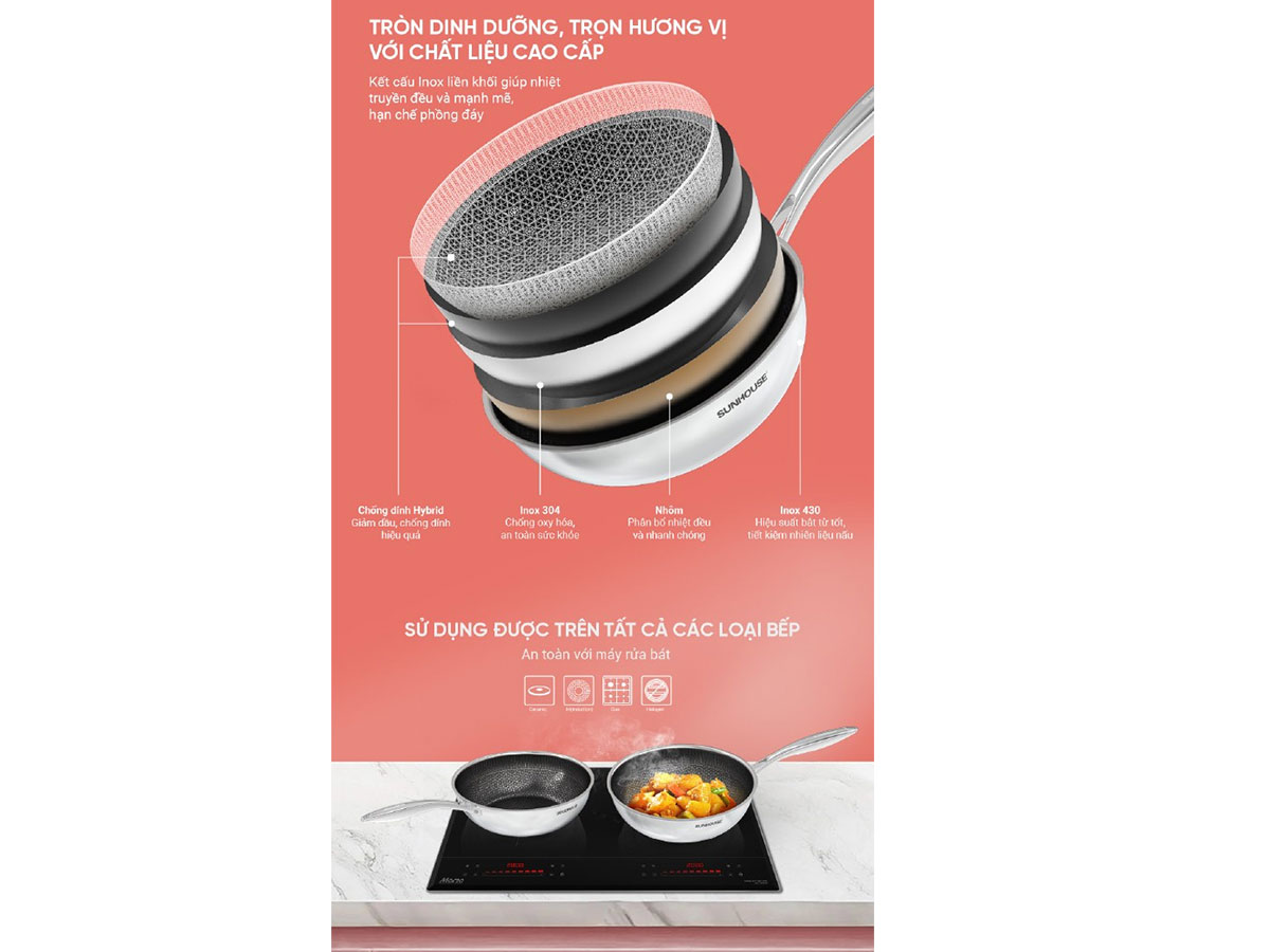 Chảo xào inox liền đáy Hybrid Sunhouse Healthy IN28M8