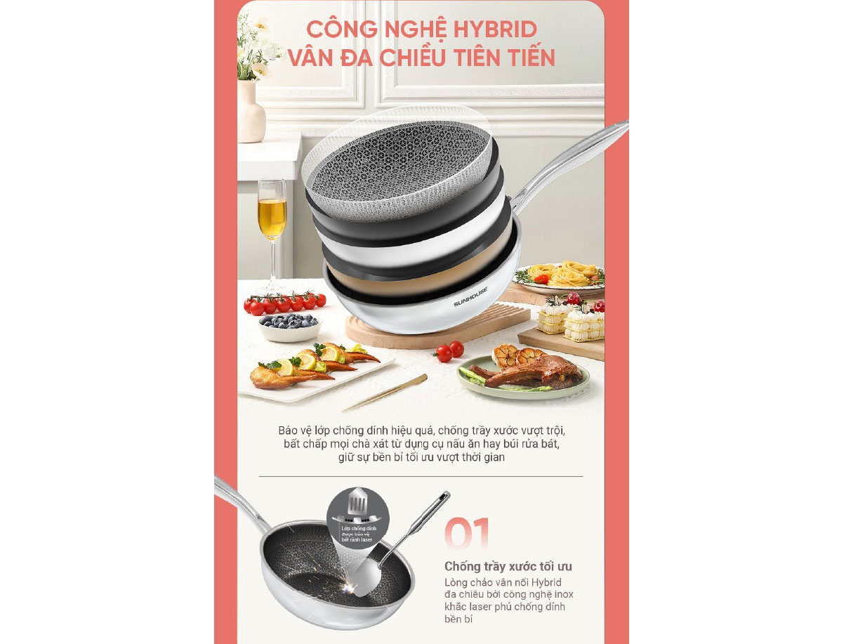 Chảo xào inox liền đáy Hybrid Sunhouse Healthy IN28M8VK