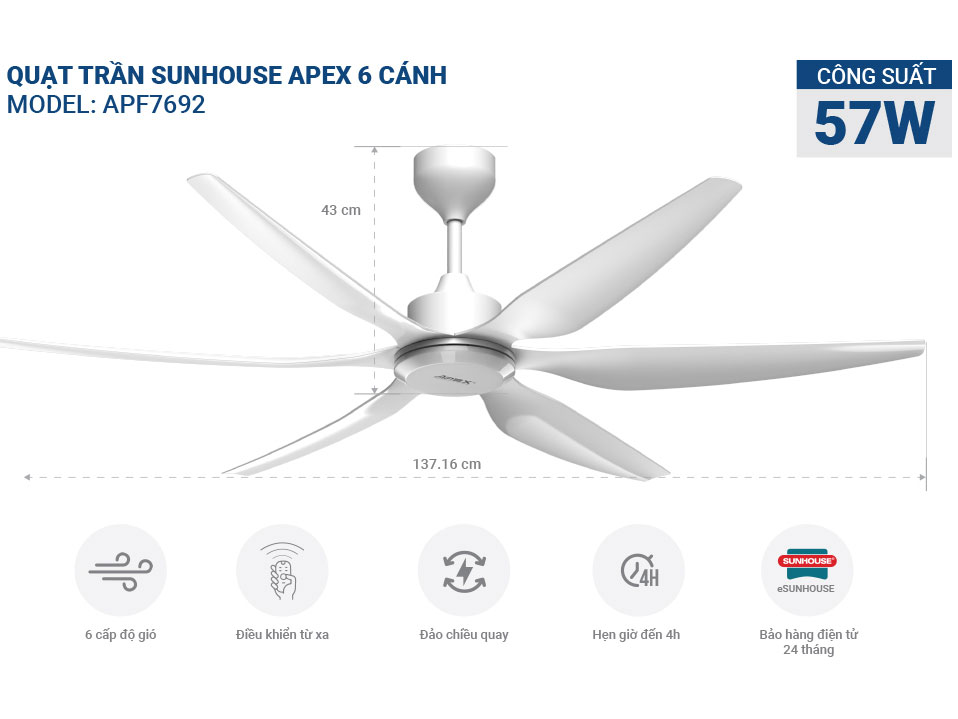Quạt trần 6 cánh Sunhouse APEX APF7692