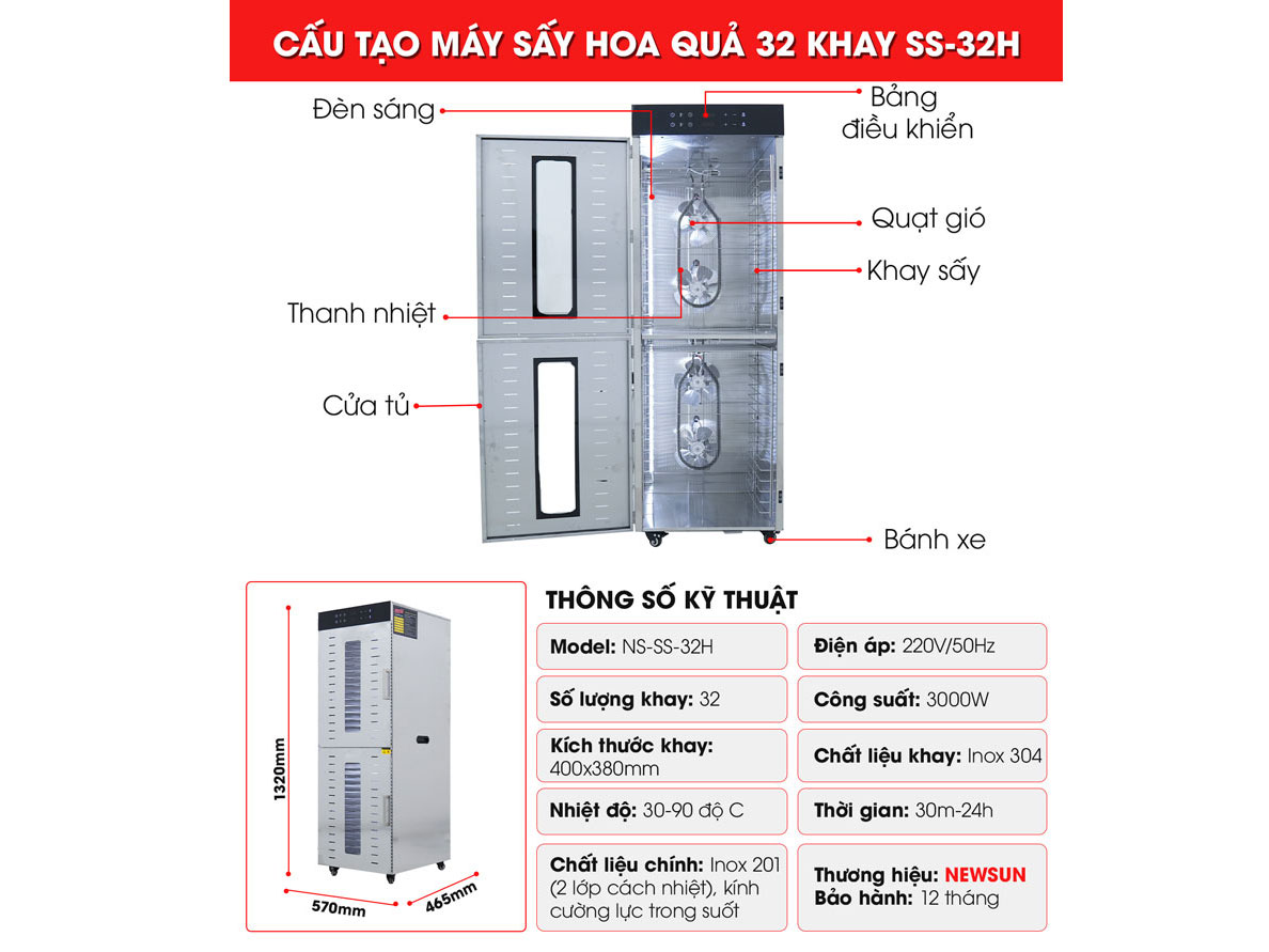 Tủ sấy khô thực phẩm công nghiệp NewSun 2 lớp 32 khay SS-32H