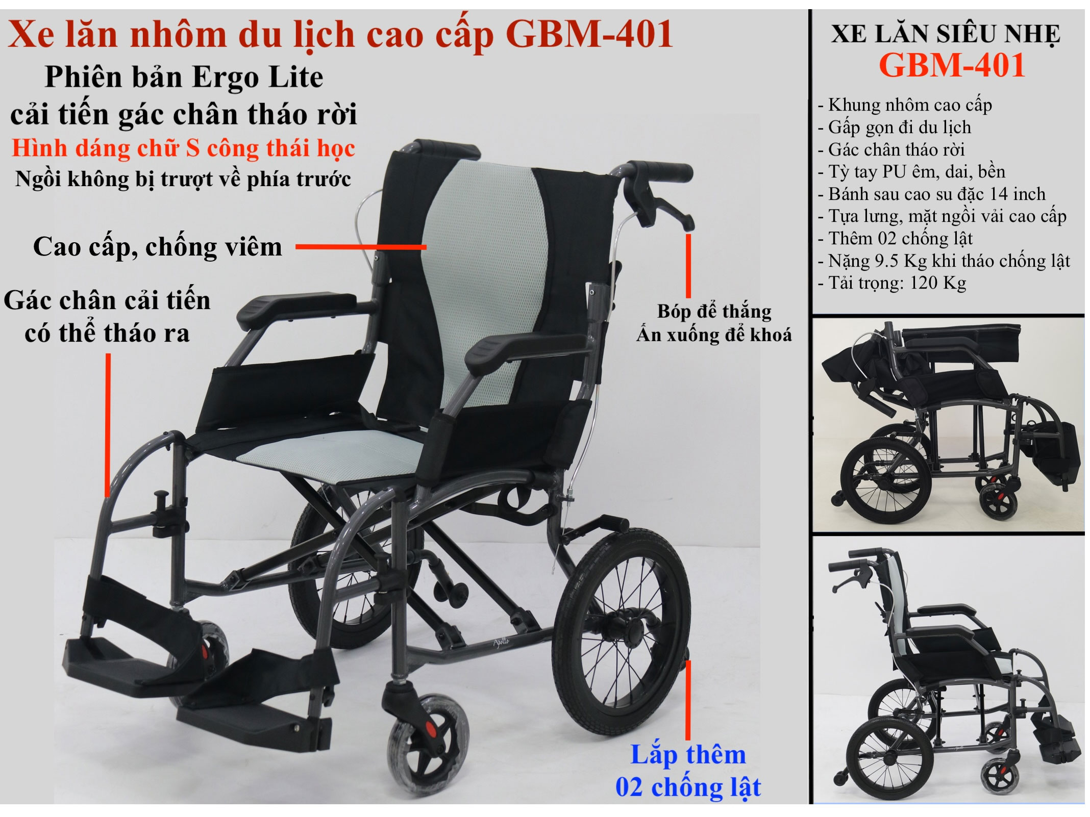 Xe lăn nhôm du lịch cao cấp GBM-401