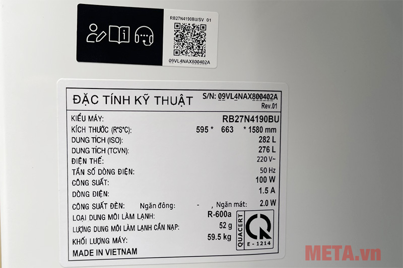 Tủ lạnh hai cửa ngăn đông dưới 276 lít Samsung RB27N4190BU/SV
