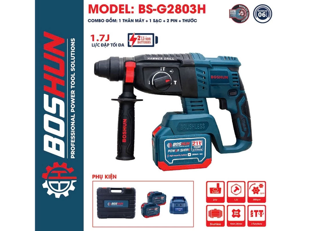 Máy khoan bê tông dùng pin Boshun BS-R2803H (2 pin, 1 sạc)