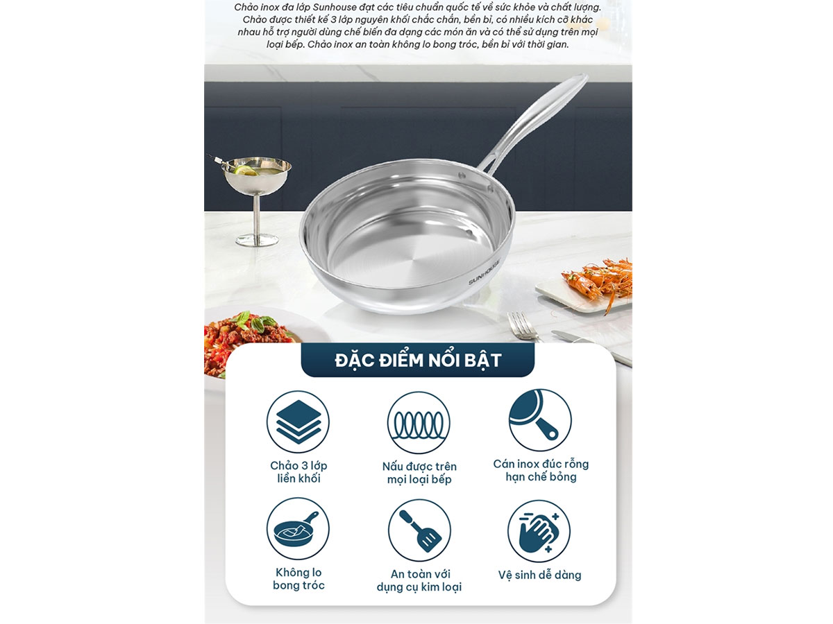 Chảo inox đa lớp Sunhouse IN20M6E
