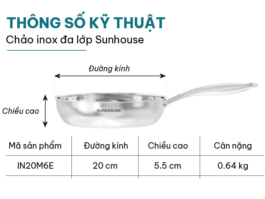 Chảo inox đa lớp Sunhouse IN20M6E