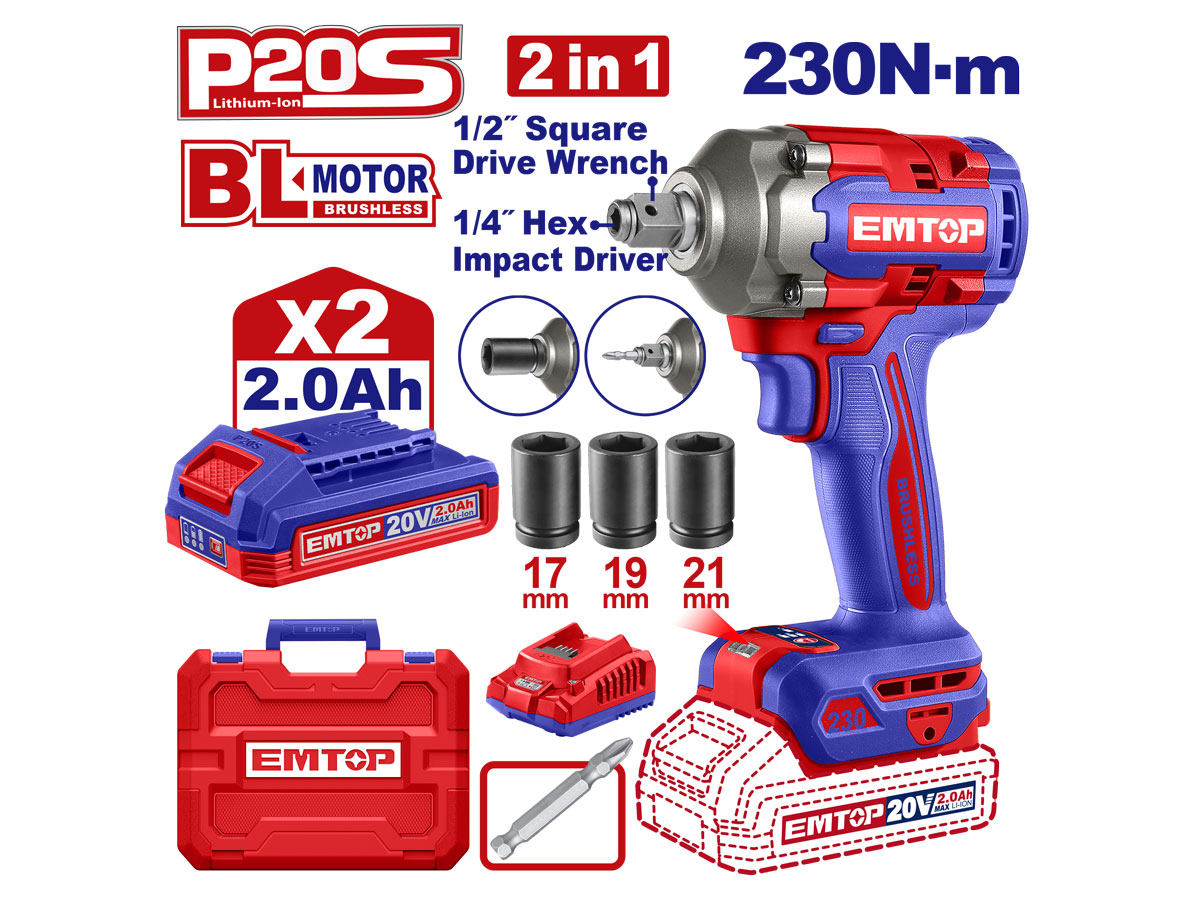 Bộ máy siết bu lông và siết vít Emtop ECIWL20236 (2 pin 2AH, sạc)