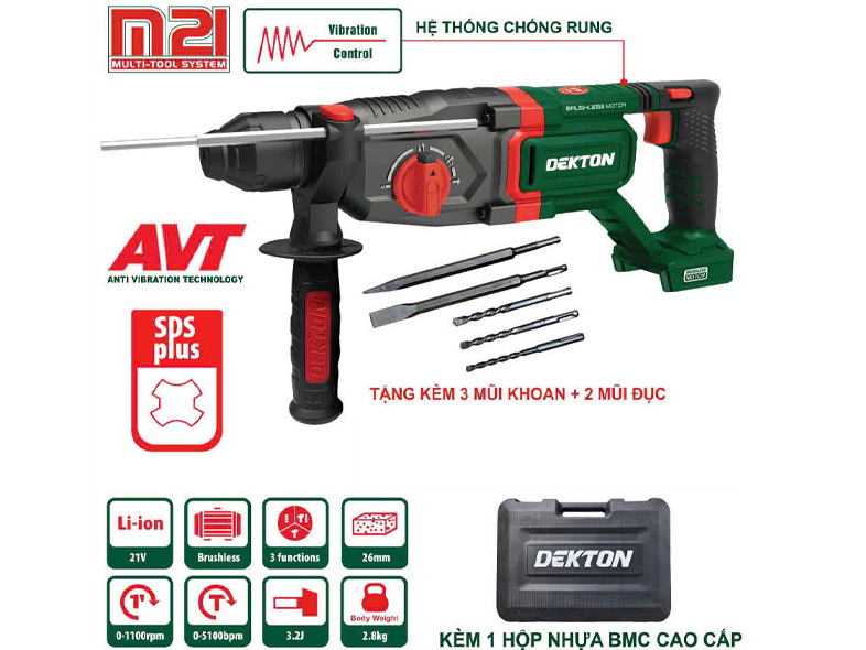 Máy khoan búa 3 chức năng 21V Dekton M21-RH2603B (Chưa pin và sạc)