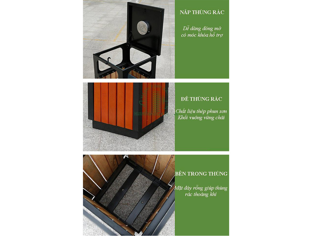 Thùng rác giả gỗ khung thép phun sơn vuông có gạt tàn (HTSOD-37)
