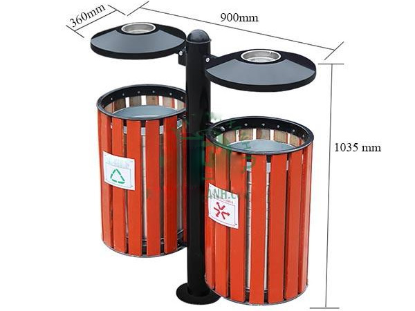 Thùng rác giả gỗ treo đôi ngoài trời có gạt tàn (HTSOD-07)