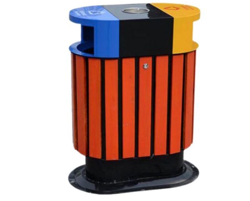 Thùng rác thép phun sơn 2 màu kết hợp nhựa giả gỗ (HTS52A)