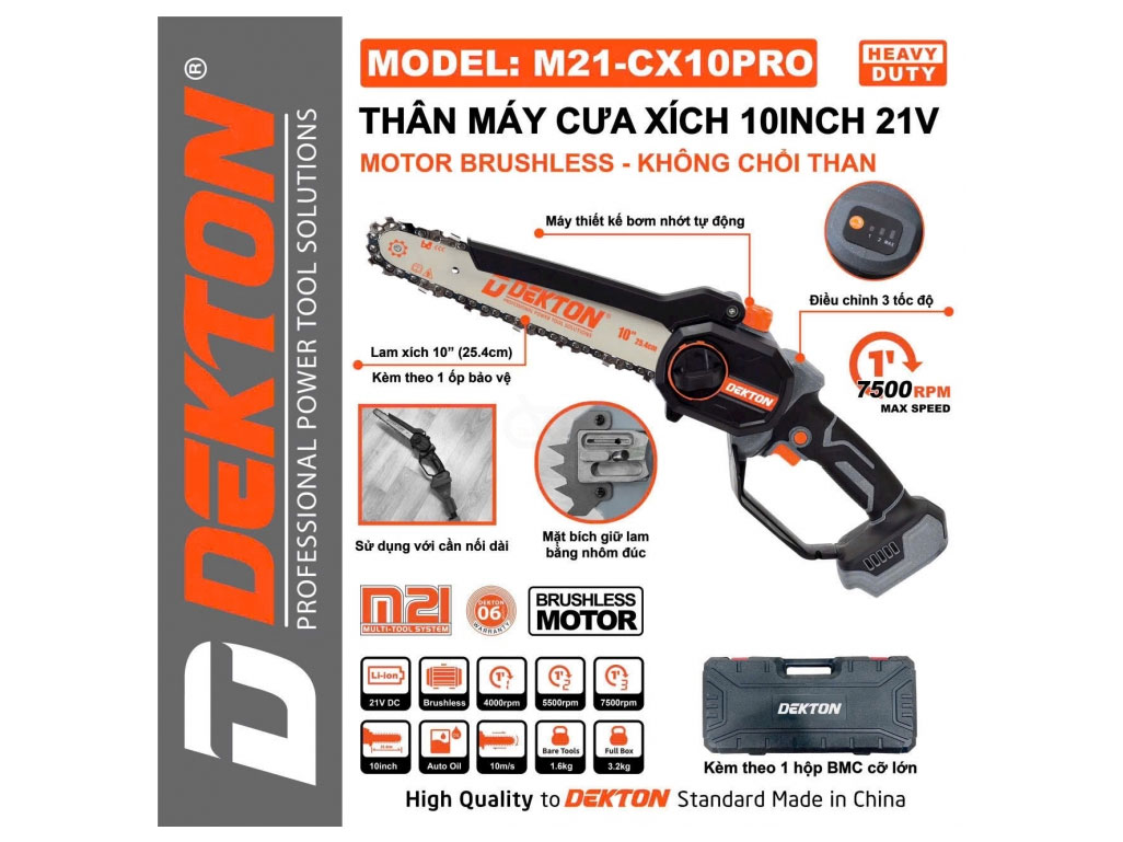 Máy cưa xích pin 21V Dekton M21-CX10PRO (chưa pin, sạc)