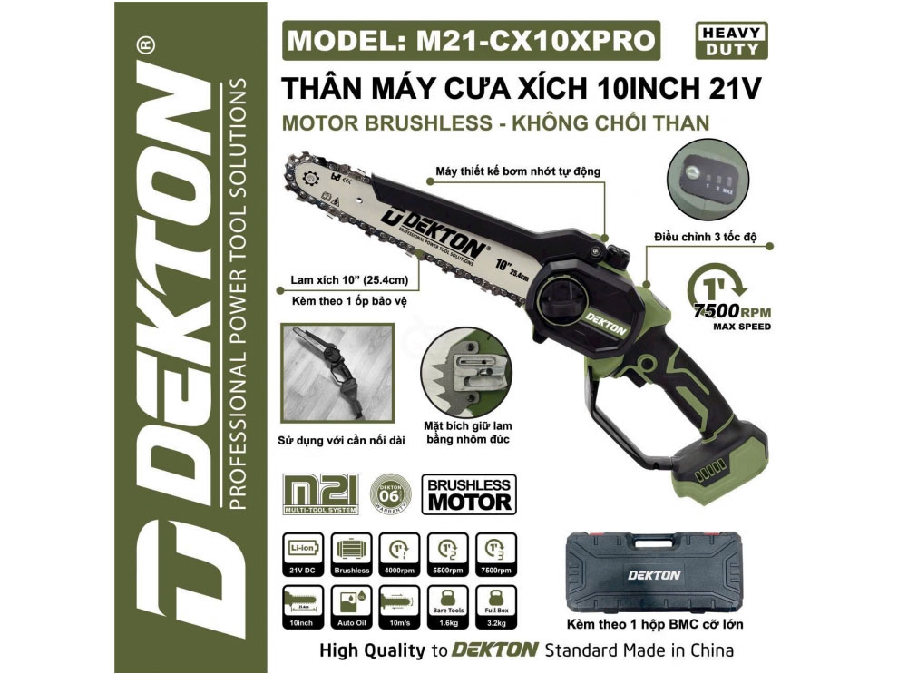 Máy cưa xích pin 21V Dekton M21-CX10PRO (chưa pin, sạc)