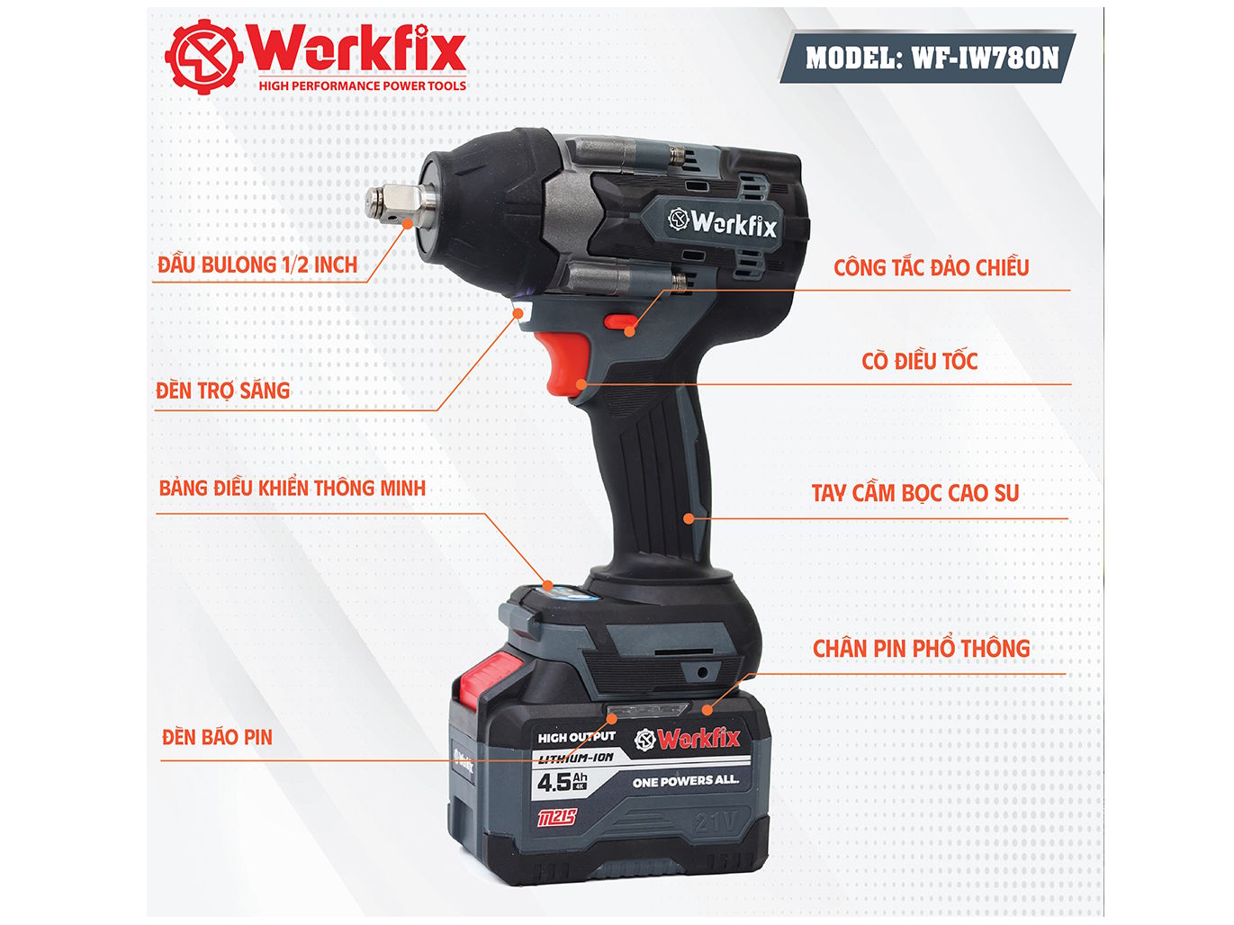 Máy siết bu lông dùng pin Workfix WF-IW780N (2 pin, 1 sạc)