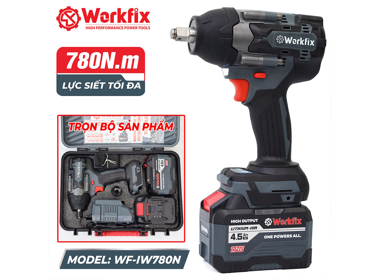 Máy siết bu lông dùng pin Workfix WF-IW780N (2 pin, 1 sạc)