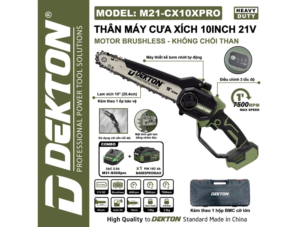 Máy cưa xích pin 21V Dekton M21-CX10XPRO (chưa pin, sạc)