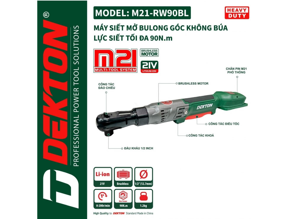 Máy siết bu lông pin 21V Dekton M21-RW90BL (chưa pin, sạc)