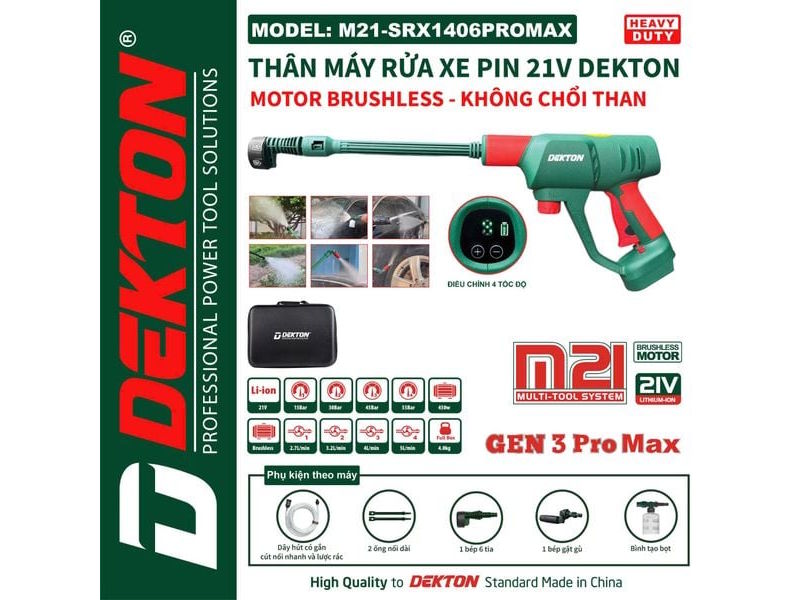 Máy rửa xe pin 21V Dekton M21-SRX1406PROMAX (chưa pin, sạc)
