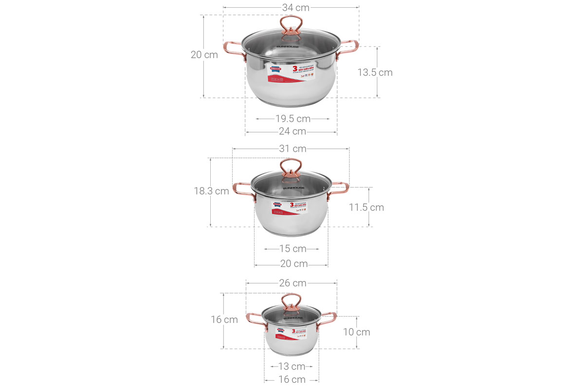 Bộ nồi inox 3 đáy Dura pro Sunhouse SHG306
