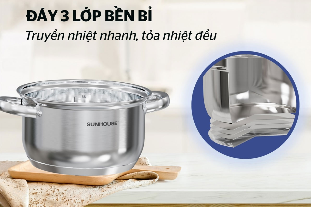 Bộ nồi inox 3 đáy Sunhouse SHG361