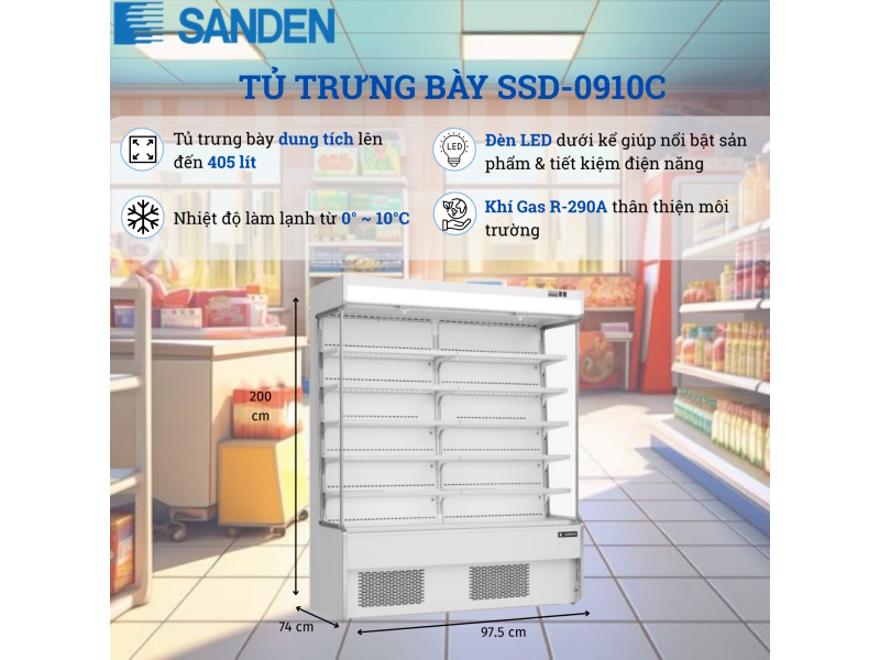 Tủ mát trưng bày siêu thị Sanden SSD-0910C (405 lít)