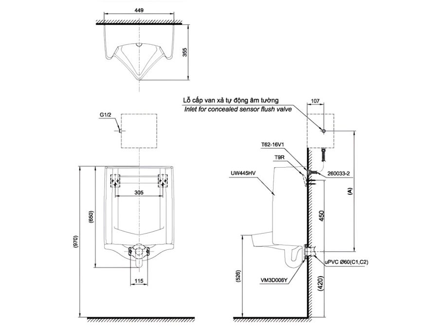 Bồn tiểu nam đứng UT445HW (treo tường)
