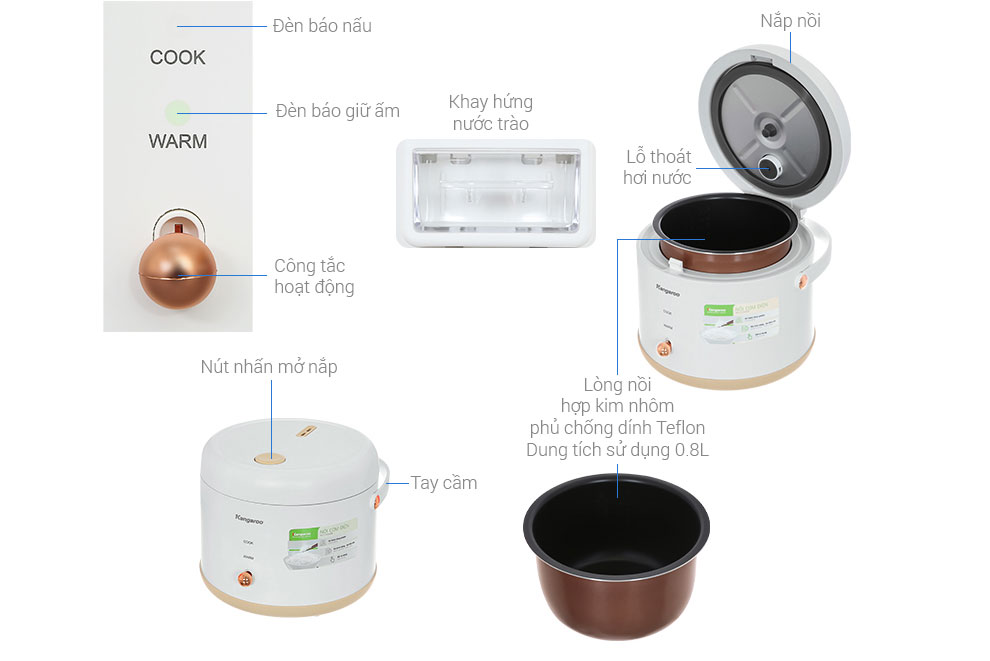 Nồi cơm điện nắp gài Kangaroo KGRC08M3 - 0.8 lít