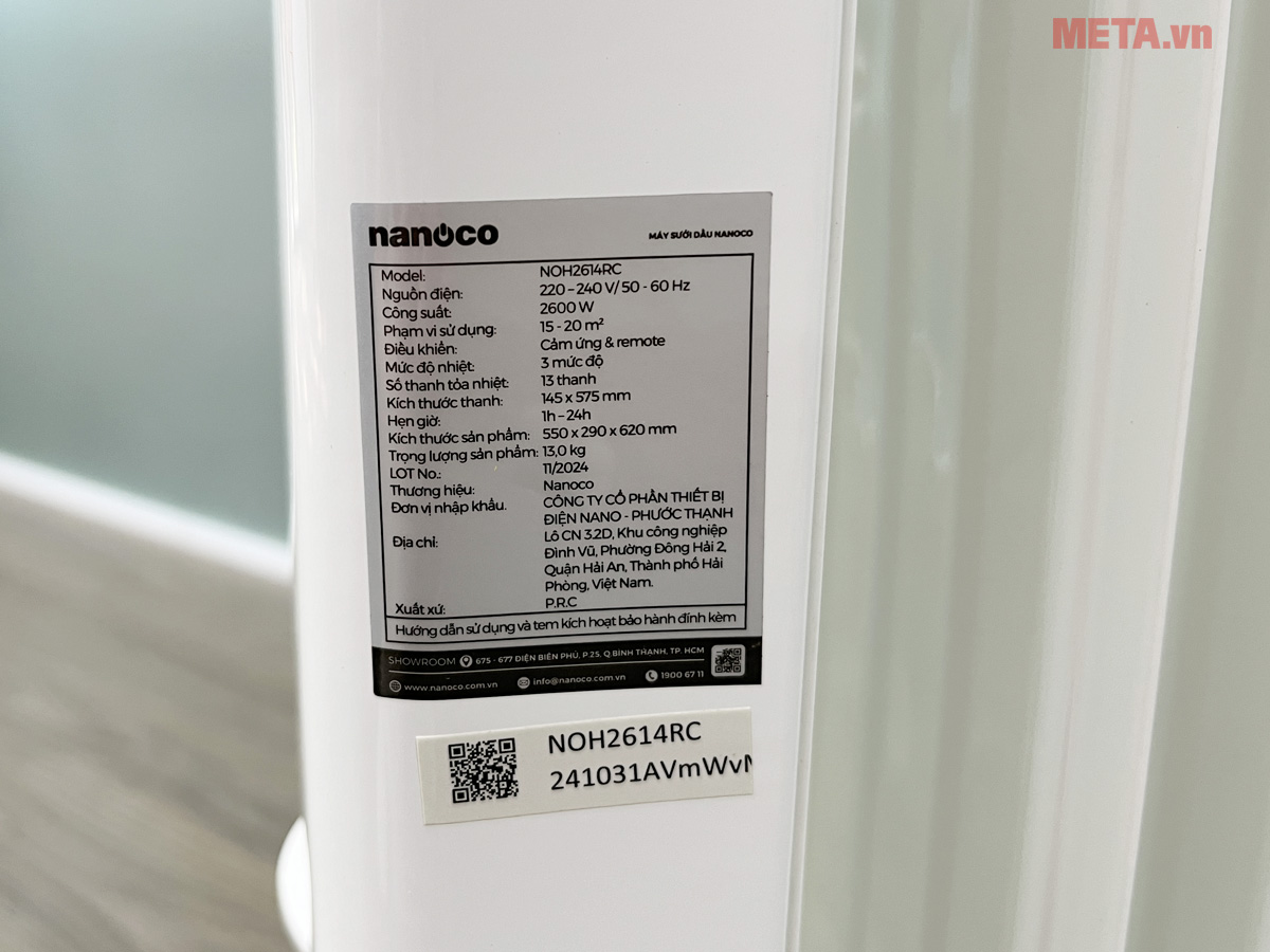 Máy sưởi dầu cảm ứng Nanoco NOH2614RC (2600W, 13 thanh, điều khiển từ xa)