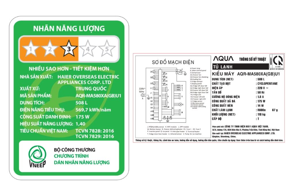 Tủ lạnh Aqua Inverter 508 lít AQR-MA580XA(GB)U1