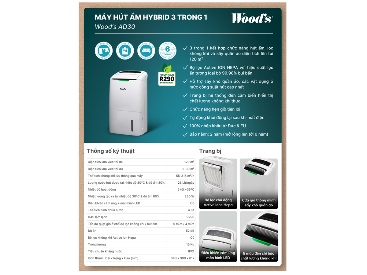 Máy hút ẩm kèm lọc không khí Woods AD30