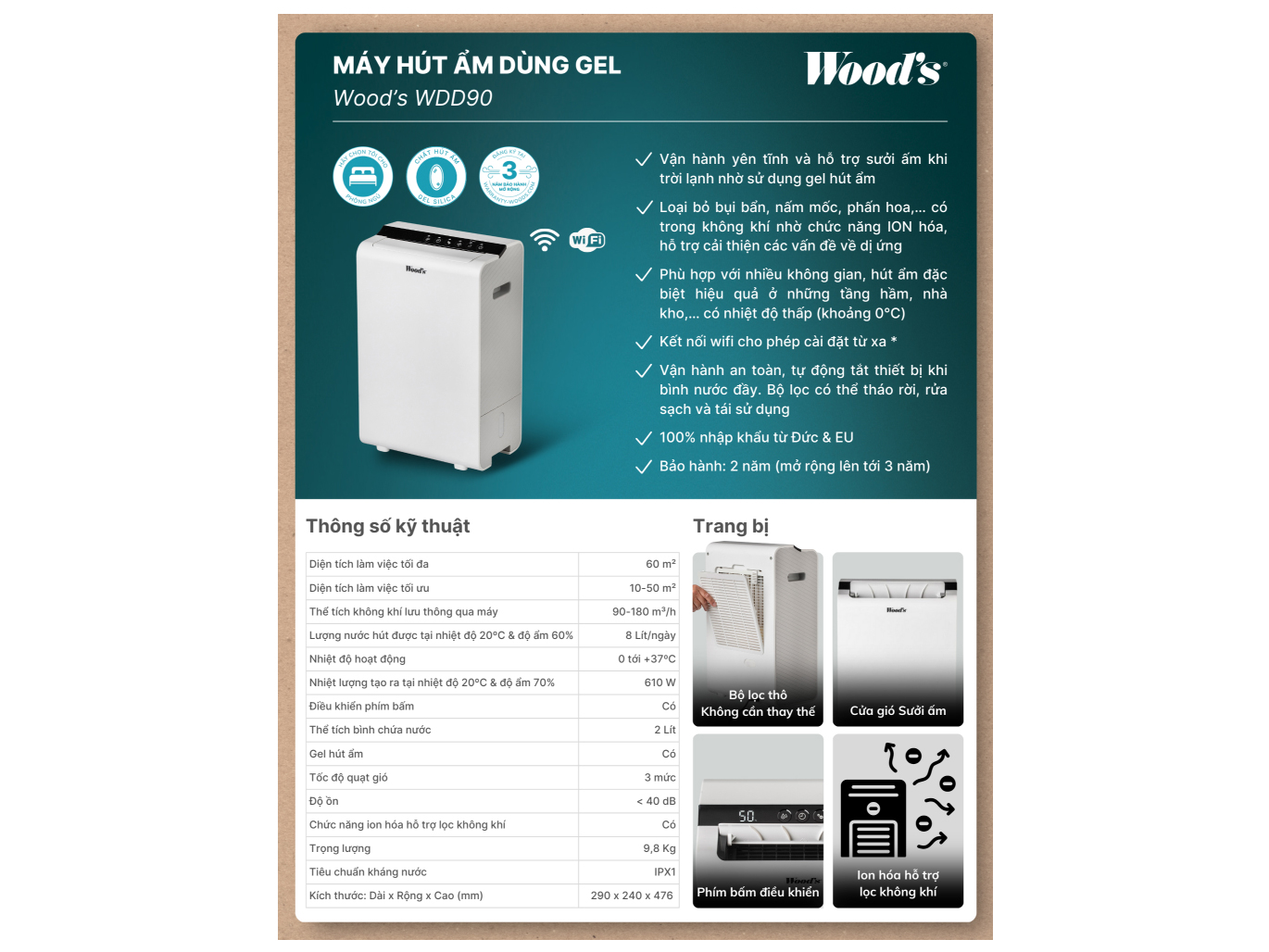 Máy hút ẩm và lọc không khí Woods WDD90 (kết nối Wifi)