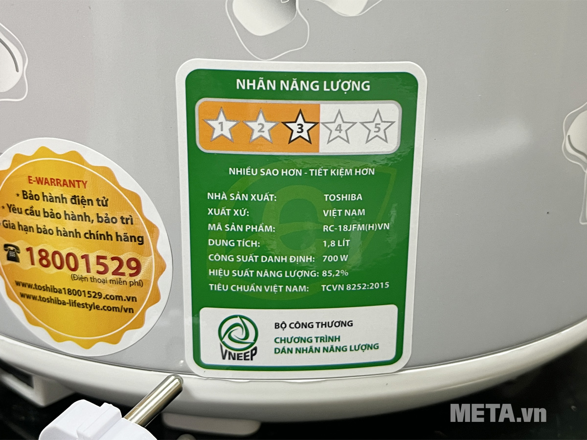 Nhãn năng lượng Nồi cơm điện tử nắp gài Toshiba RC-18JFM(H)VN