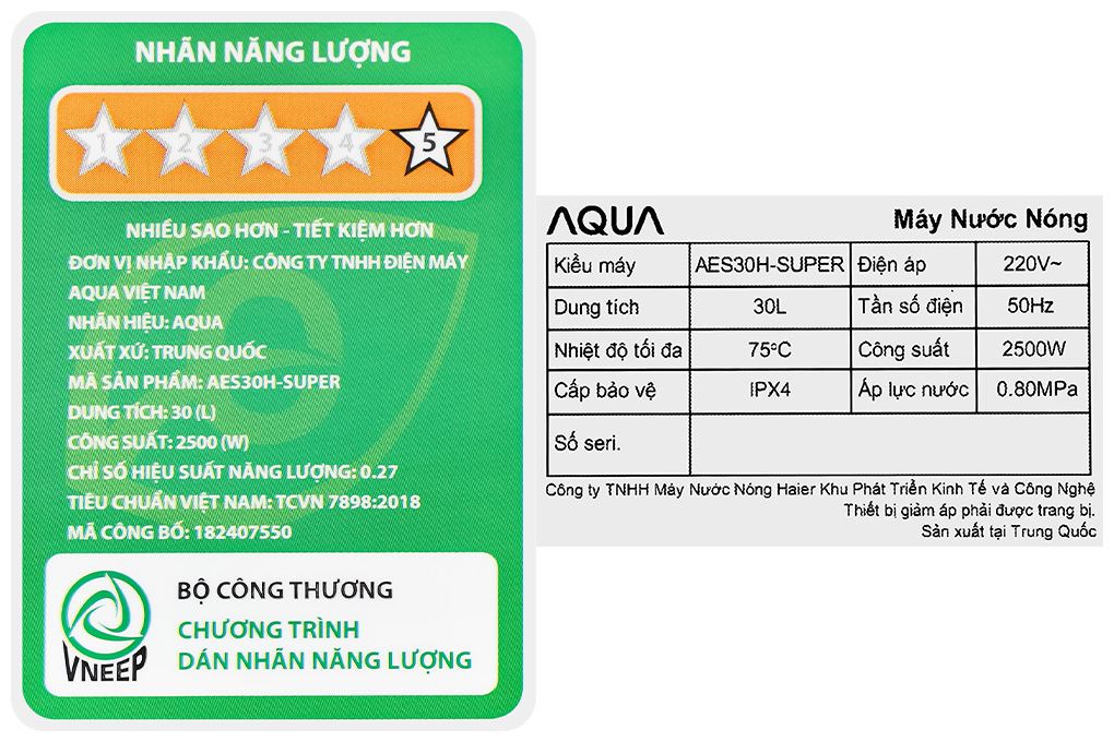 Máy nước nóng gián tiếp Aqua AES30H-SUPER (30 lít, 2.500W)