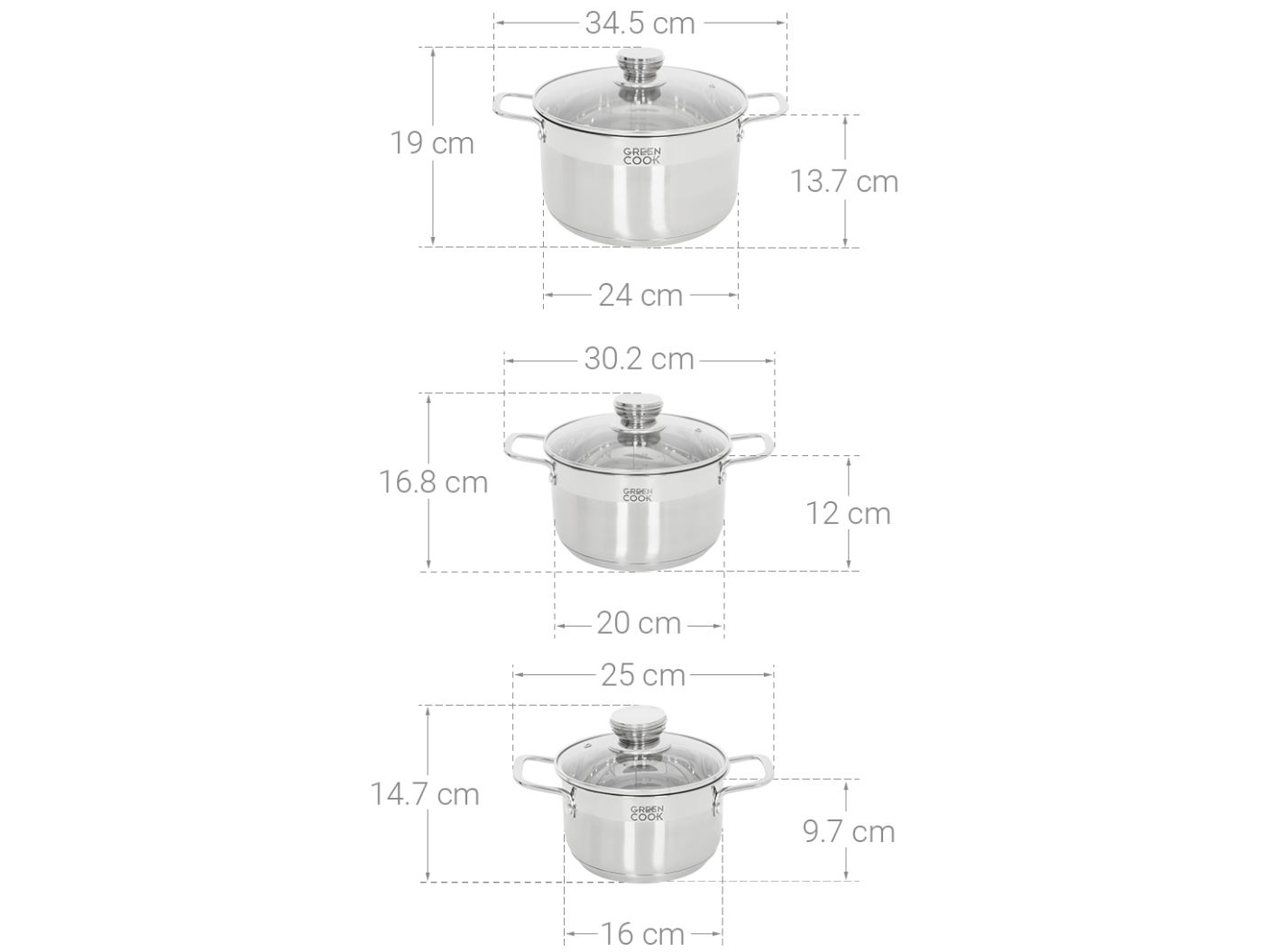 Bộ 3 nồi inox nắp kính Green Cook GCS232-T1