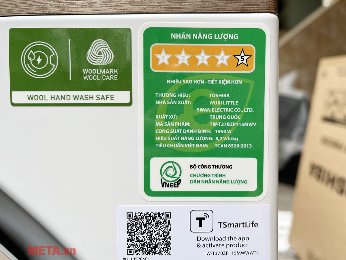 Nhãn năng lượng Máy giặt Toshiba Inverter 10.5kg TW-T37BZP115MWV(WT)