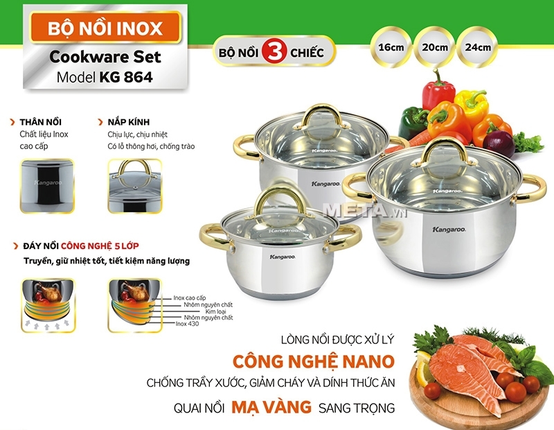 Bộ 3 nồi inox cao cấp 5 lớp KG864 làm bằng chất liệu inox