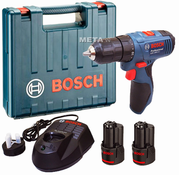 Máy khoan vặn vít dùng pin GSR 1080-2-LI gồm 1 máy khoan, 1 hộp nhựa, bộ sạc, 2 cục pin.