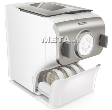 Máy làm mỳ Philips HR2365 có ngăn đựng mắt ra mỳ, có kèm công cụ đo bột và nước.